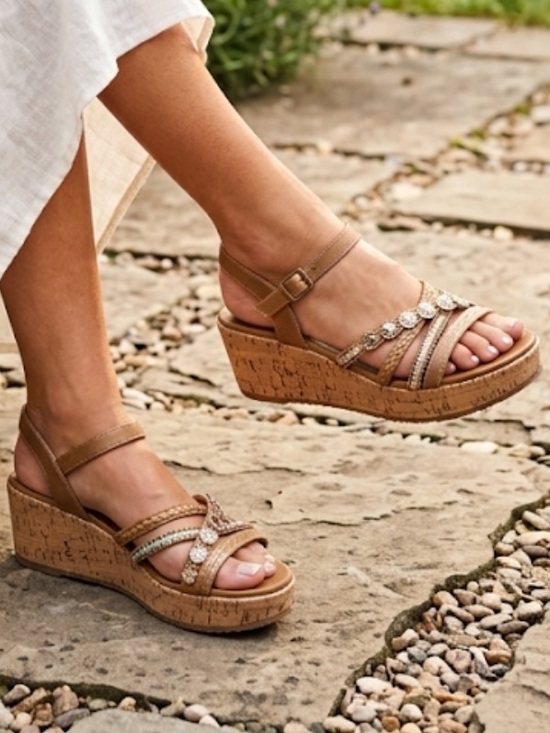 Jellypop Shoes - JellyPop Pierre Wedge Sandals Beaded Accents Stylish Cork Wedge Sandal